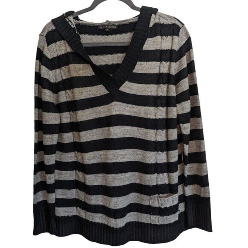 PIER NEW YORK Striped Hoodie Sweater Women's 2X Black Gray V Neck‎ Casual